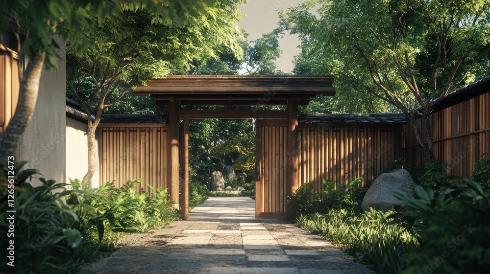 Wooden gate leading to a path in lush garden Wooden gate leading to a path in lush garden