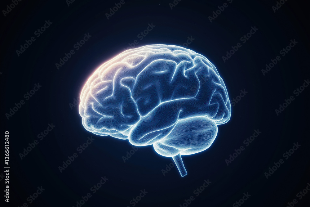 Abstract Glowing Human Brain Concept, Soft Light Radiating From Within, Subtle Gradients Of Light Blue, Floating In Dark Space, Modern And Sleek Design Abstract Glowing Human Brain Concept, Soft Light Radiating From Within, Subtle Gradients Of Light Blue, Floating In Dark Space, Modern And Sleek Design