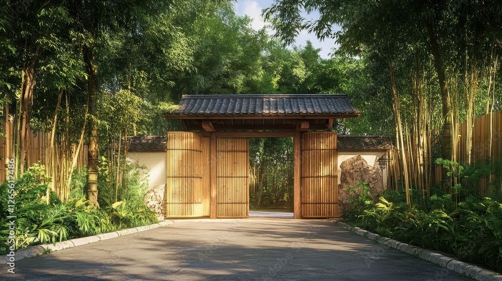 Serene bamboo gate opens to a path through a lush forest Serene bamboo gate opens to a path through a lush forest
