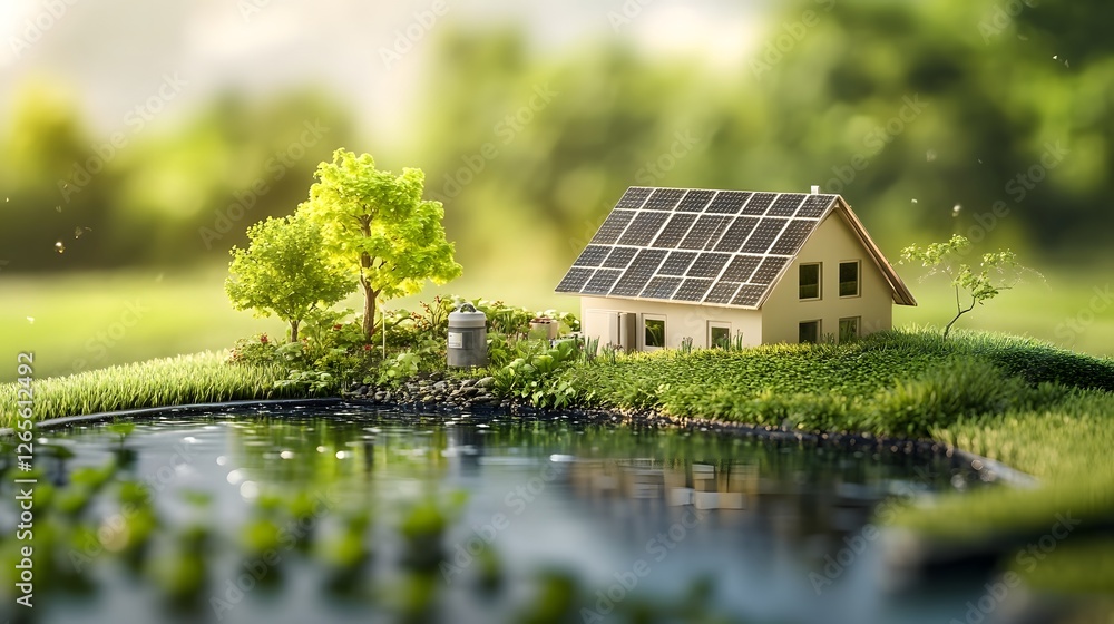 Sustainable Smart Home with Solar Panels Surrounded by Lush Greenery and Pond Sustainable Smart Home with Solar Panels Surrounded by Lush Greenery and Pond