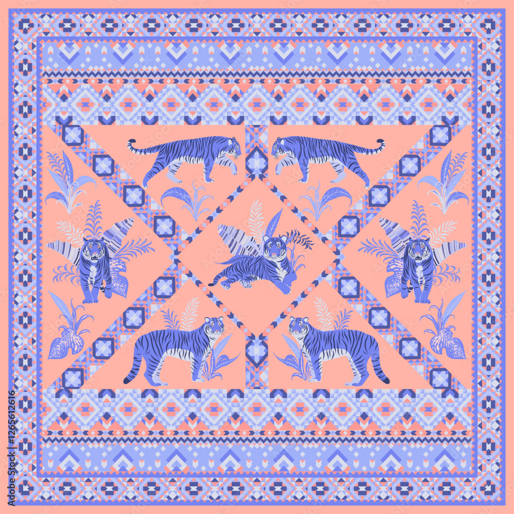Tiger illustration for headscarf, bandanas. Square geometric ornament.