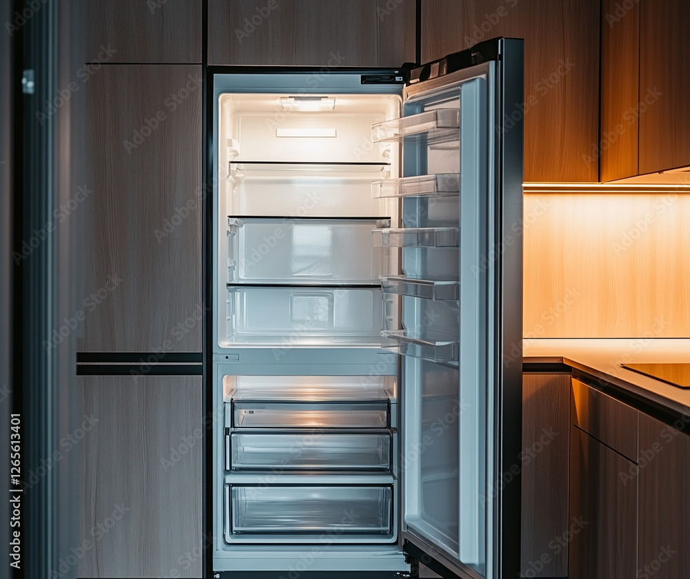 Empty open fridge in modern kitchen. Empty open fridge in modern kitchen.