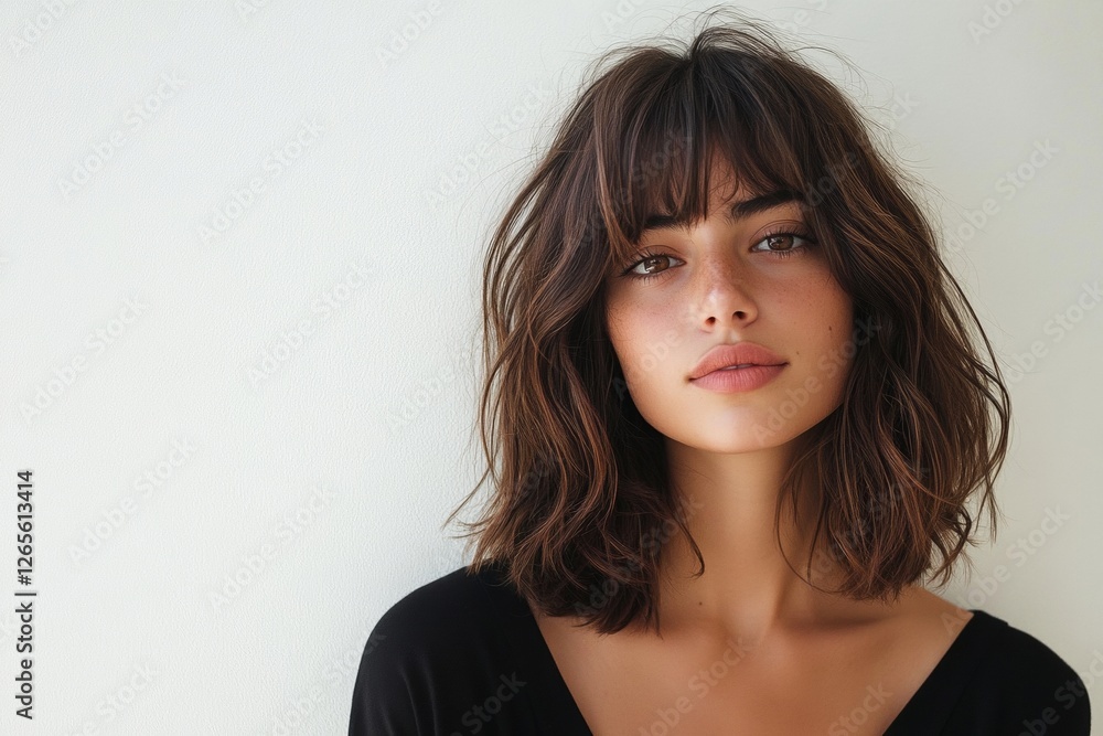 Young caucasian female with wavy brown hair and bangs against white background Young caucasian female with wavy brown hair and bangs against white background