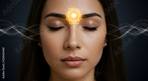 A close-up of a woman meditating with her eyes closed, a soft golden glow emanating from her third eye chakra