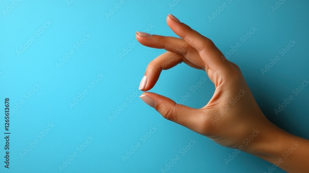 Woman's hand gesturing, small object, blue background, product placement