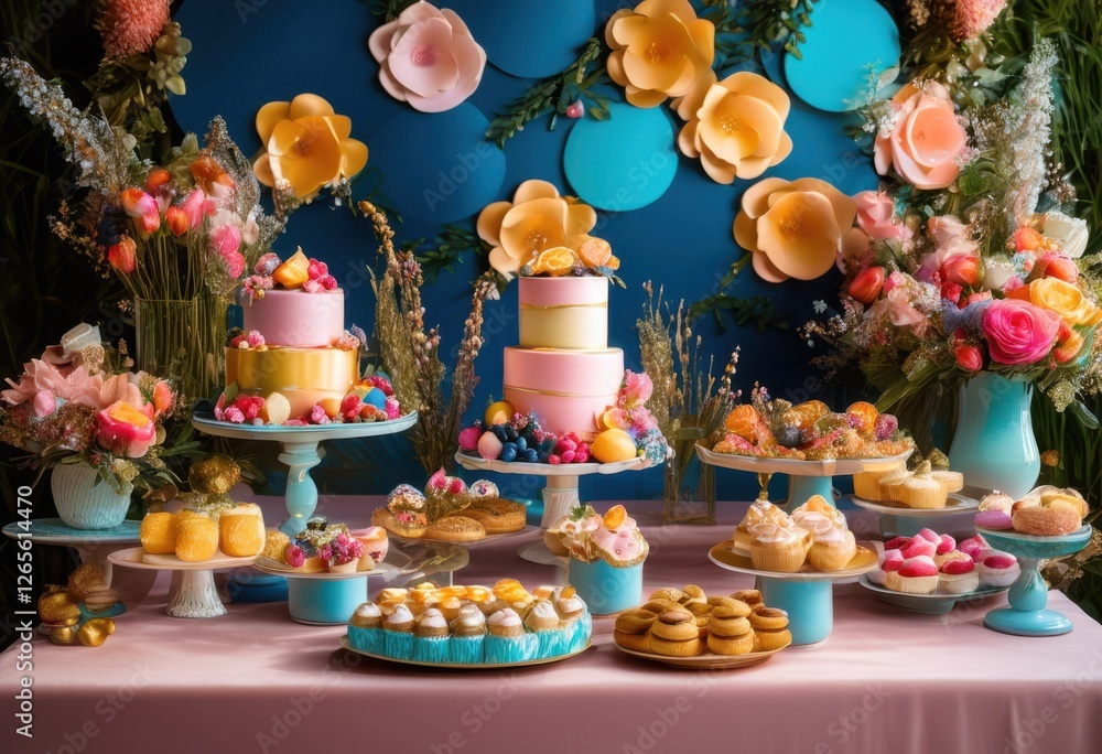 Fototapeta premium colorful whimsical dessert table display featuring variety assorted sweets visually appealing celebrations, cake, pastries, treats, cookies, candies