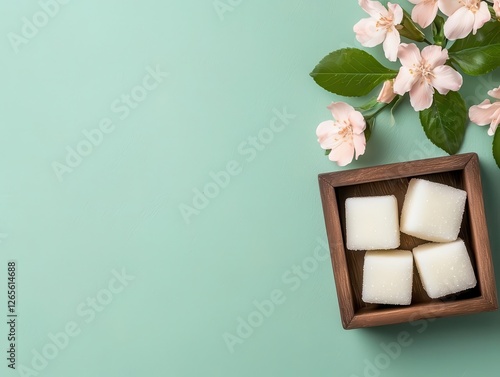 Decorative wooden box filled with floralinfused sugar cubes and spring pastels photo