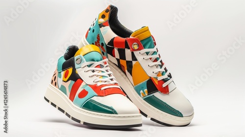 A pair of designer sneakers with modern patterns and bold colors, positioned against a white background. The high-resolution shot captures the shoe's fine details.