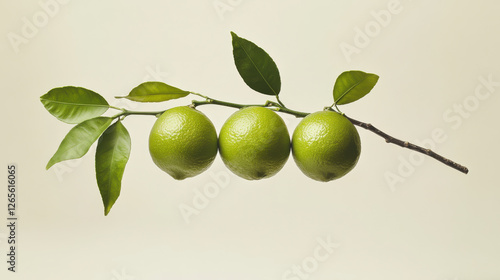 Wallpaper Mural A minimalistic studio photograph of three green limes attached to a branch, their glossy surfaces reflecting light Torontodigital.ca
