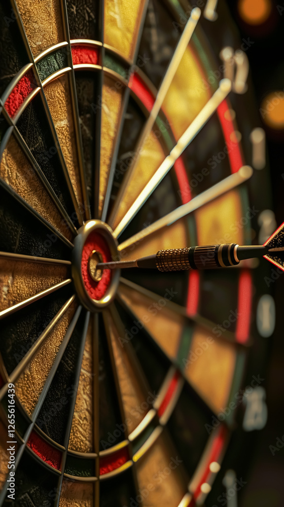 Dart hitting the bullseye on a target. Symbol of success, achievement, and accurate aim. Competition, sport, and goal setting. Close-up, detailed image. Dart hitting the bullseye on a target. Symbol of success, achievement, and accurate aim. Competition, sport, and goal setting. Close-up, detailed image.