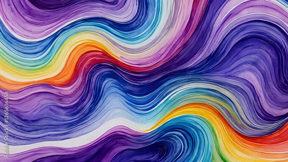 Obraz premium Vibrant watercolor abstract painting featuring swirling rainbow hues in a wave-like pattern. Ideal for backgrounds, design projects, or artistic expression.