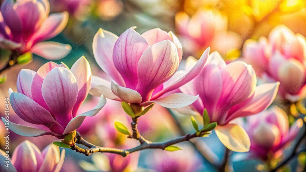 Fototapeta premium Blooming Magnolia Flowers: Springtime Elegance in Pink and White