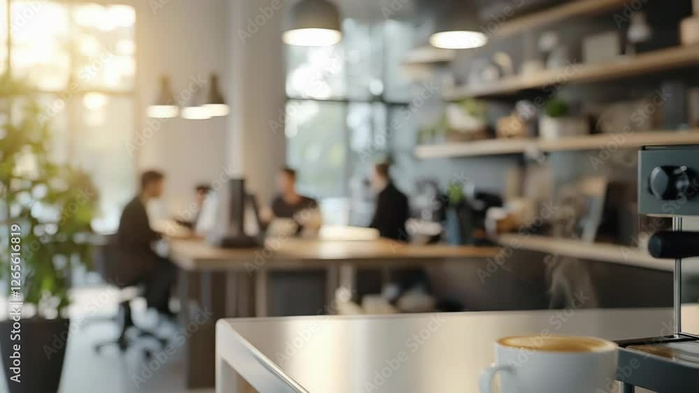 Hot coffee being poured by an espresso machine into a white cup, with steam gently rising, situated on a counter in a modern office break room, while employees work in the background Hot coffee being poured by an espresso machine into a white cup, with steam gently rising, situated on a counter in a modern office break room, while employees work in the background