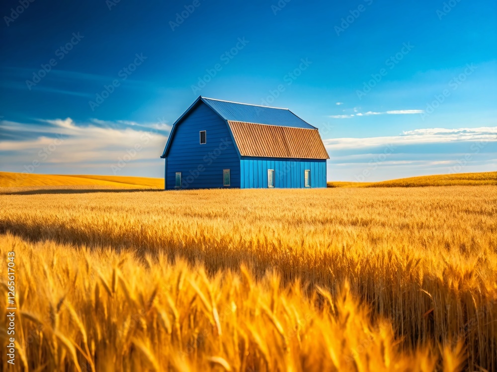Blue Barn in Wheat Field, Cap Aux Meules, Iles de la Madeleine, Quebec, Canada - Summer Bokeh Blue Barn in Wheat Field, Cap Aux Meules, Iles de la Madeleine, Quebec, Canada - Summer Bokeh
