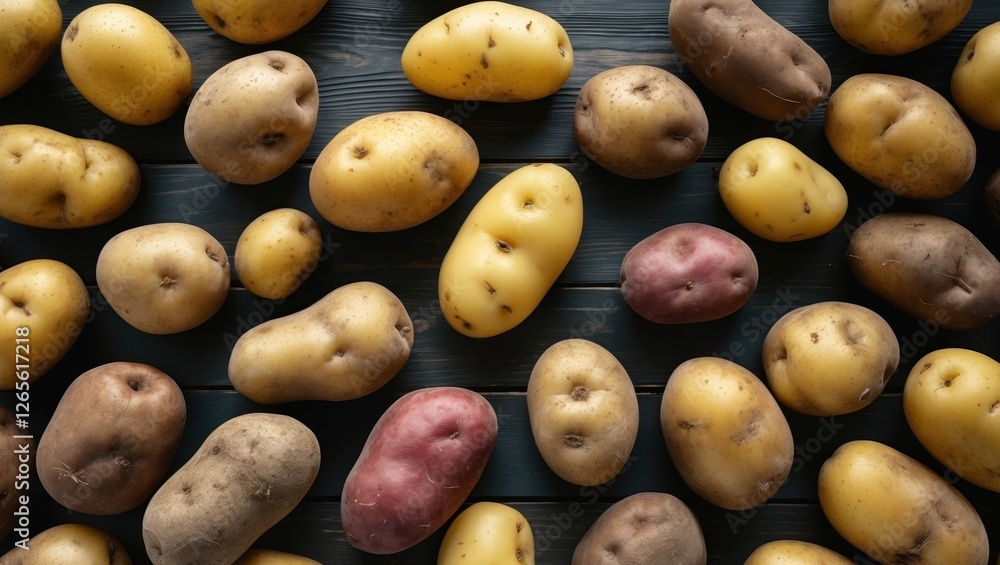 Fresh raw potatoes in various shades of yellow and brown scattered on a dark wooden surface viewed from above with ample empty space for text Fresh raw potatoes in various shades of yellow and brown scattered on a dark wooden surface viewed from above with ample empty space for text