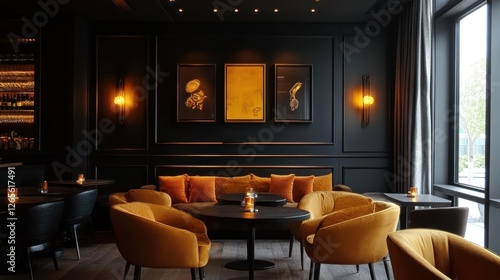 Luxurious interior showcases dark walls orange furniture and atmospheric lighting