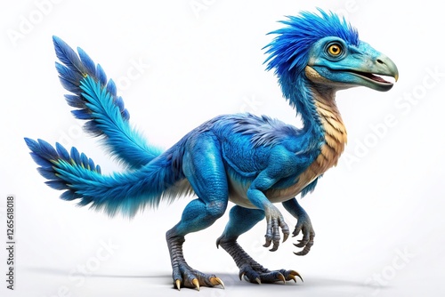 Blue Oviraptor Dinosaur, Prehistoric Creature, White Background, Stock Photo,  Paleontological Illustration photo