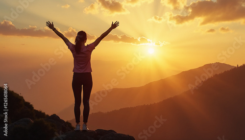 Silhouette of woman with raised arms at mountain sunset symbolizing success and freedom