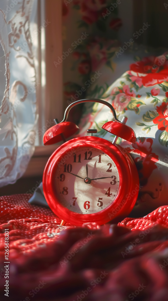 Fototapeta premium Alarm clock in a field of flowers at sunrise. Symbolizing a fresh start, new beginnings, and the beauty of a new day. Morning inspiration, hope, and the passage of time.