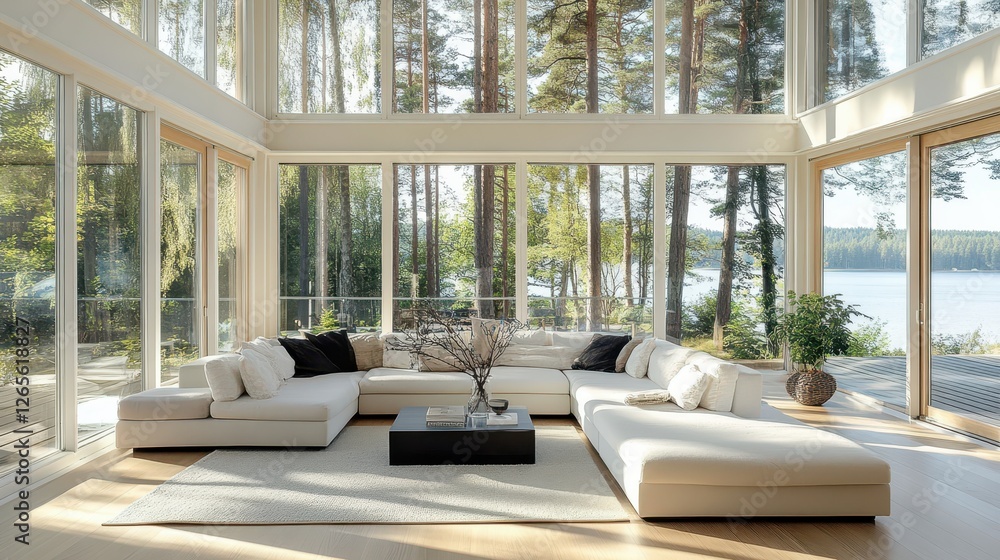 Fototapeta premium Modern living room with white sectional sofa and scenic view