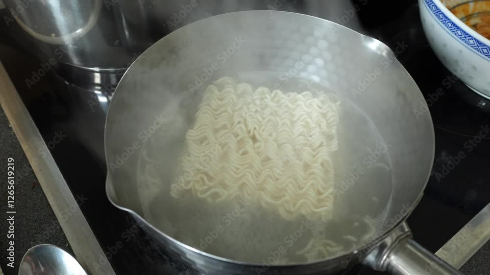 Dried instant noodles cooking in a pan with water with steam coming off. Dried instant noodles cooking in a pan with water with steam coming off.
