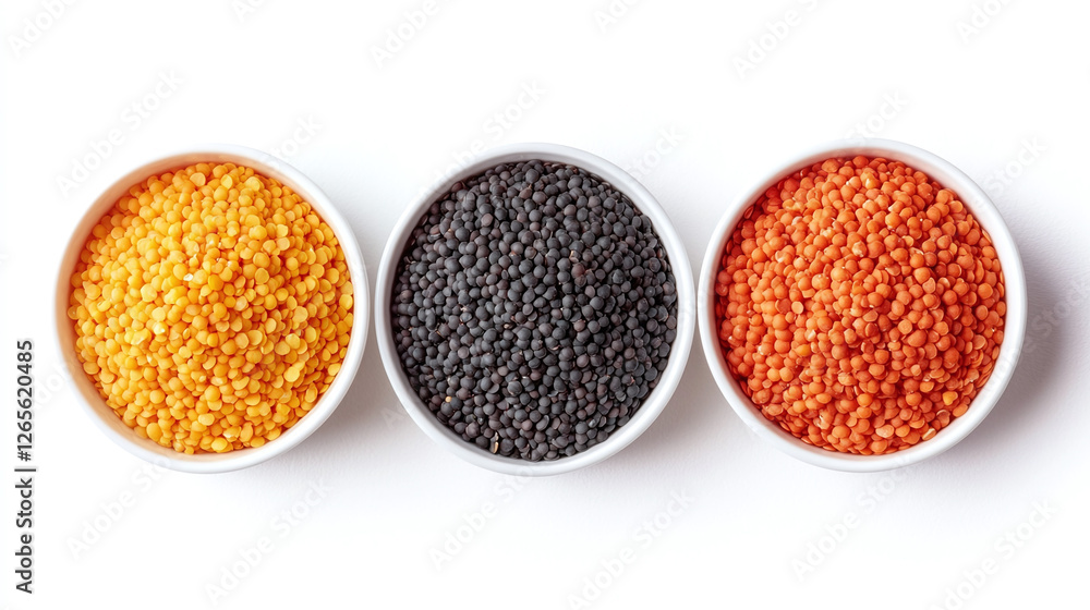 Set of five white bowls filled with lentils in different colours (green, yellow, red, brown and black), top down view, isolated on a white background. Set of five white bowls filled with lentils in different colours (green, yellow, red, brown and black), top down view, isolated on a white background.
