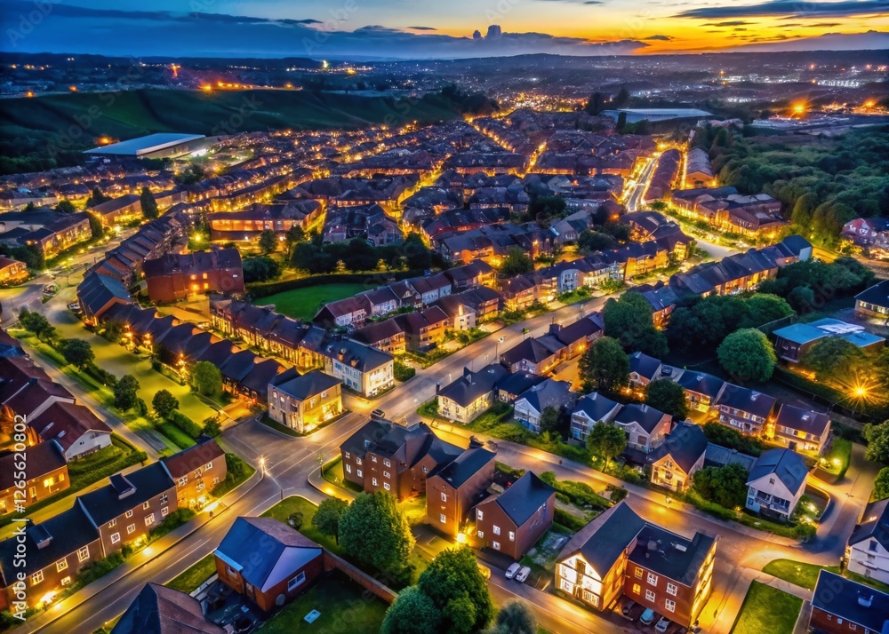 Fototapeta premium Bolton Housing Estate Aerial Night Photography - Low Light Drone Shot