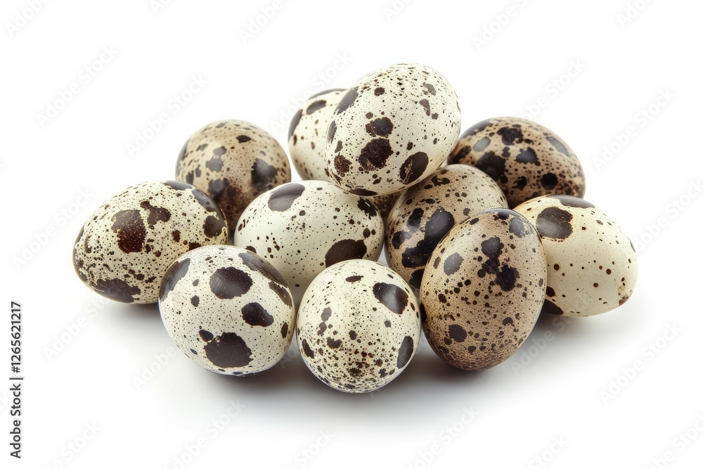 Cluster of speckled quail eggs on white background. Neural network AI generated Cluster of speckled quail eggs on white background. Neural network AI generated