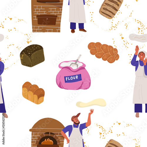 Bakery, fresh bread, dough, cook, bake seamless pattern, candy, background, yeast baked bread.  Vector illustration, hand drawn.