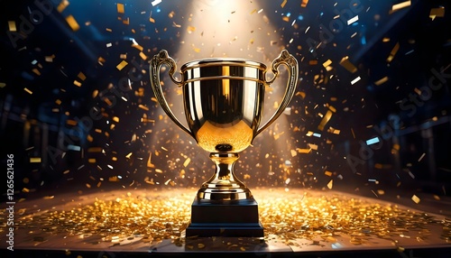 Golden Trophy with Sparkling Confetti and Dramatic Spotlight in Celebration Scene