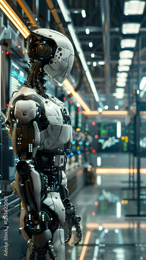 Advanced Humanoid Robot in High-Tech Manufacturing Facility Engaged in Intricate Electronic Task Reflecting Innovation Advanced Humanoid Robot in High-Tech Manufacturing Facility Engaged in Intricate Electronic Task Reflecting Innovation