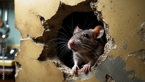 Closeup of a rat peeking out from a hole in the wall of a dimly lit kitchen. photo