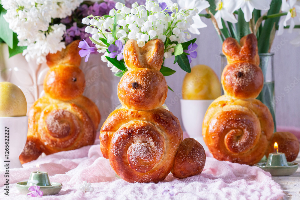 Easter composition made of rabbits, painted eggs and spring bouquets.