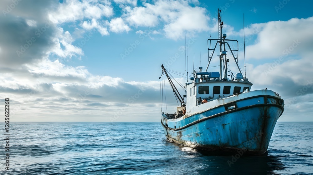 Commercial Fishing Vessel in the Open Ocean with Cloudy Sky Commercial Fishing Vessel in the Open Ocean with Cloudy Sky