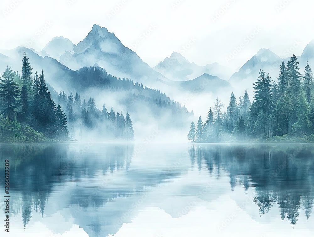 Fototapeta premium Misty mountain lake reflecting tranquil forest.
