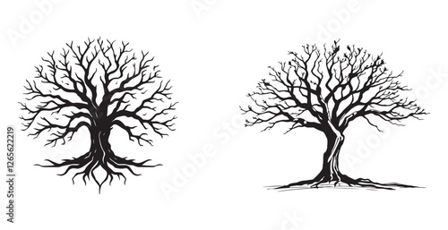 Set of tree silhouette. big tree silhouette. oak tree silhouette. black oak tree isolated on white background. cutout trees. hand drawn design. vector