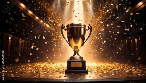 Victorious Award Ceremony with Shining Trophy and Glittering Gold Confetti