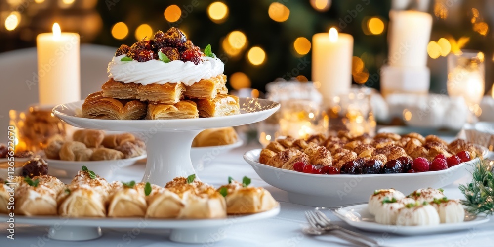 festive dessert spread, a luxurious eid dessert spread, including baklava, maamoul, and sheer khurma, on a candle-lit festive table festive dessert spread, a luxurious eid dessert spread, including baklava, maamoul, and sheer khurma, on a candle-lit festive table