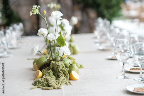 elegant real fruit and floral wedding reception tablescape