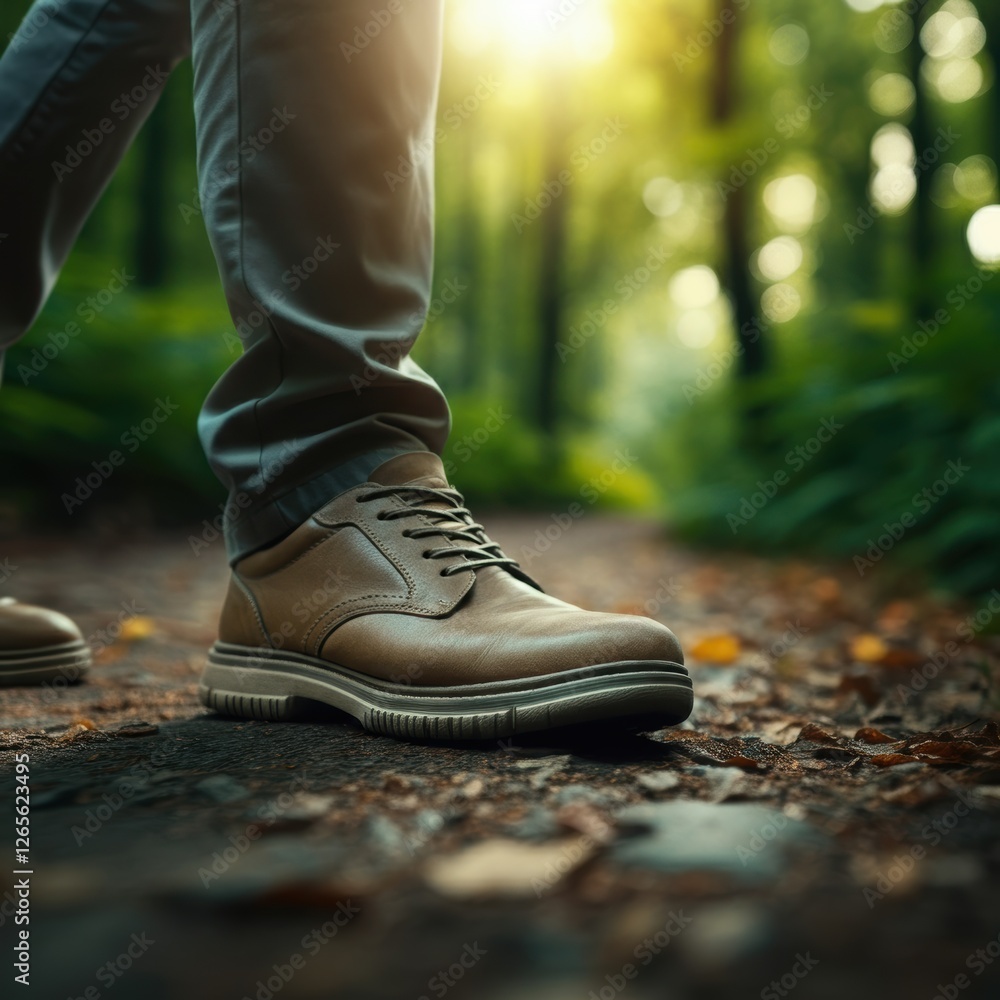 Close-up of casual shoes on forest path in sunlight Close-up of casual shoes on forest path in sunlight