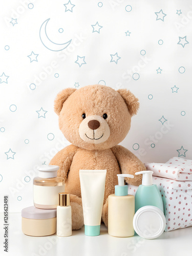 Cuddly Teddy Bear With Baby Skincare Products in a Cozy Setting