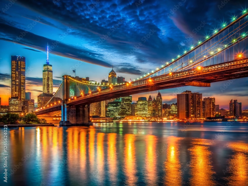 Fototapeta premium Brooklyn Bridge Night View, NYC Skyline, 2017, Cityscape, Lights