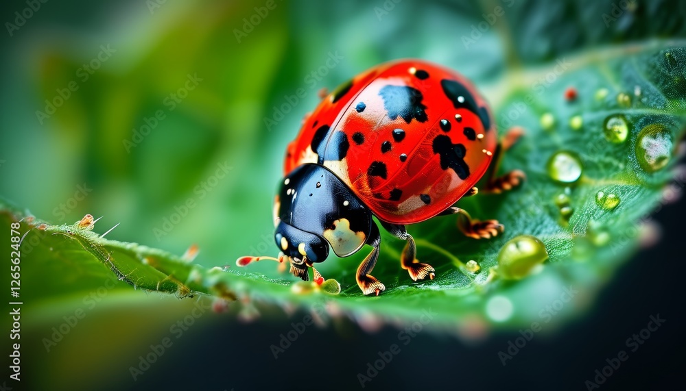 Obraz premium Adorable Ladybug Crawling on Young Plant