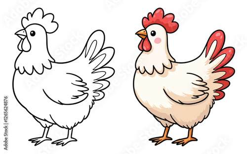 hen and chicken Line Art Vector Outline Illustration Black and White with Coloring Sample