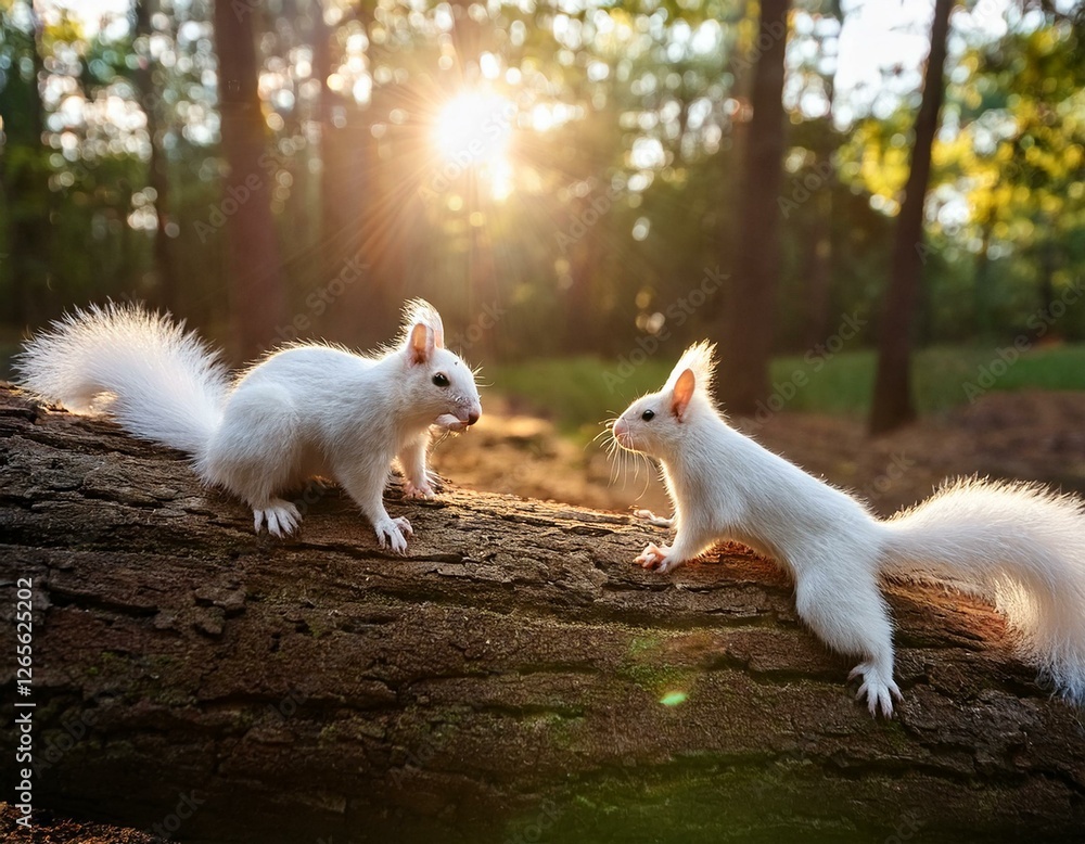 Fototapeta premium dos ardillas macho y hembra sobre un tronco grande tumbado en el suelo, mirando el bosque