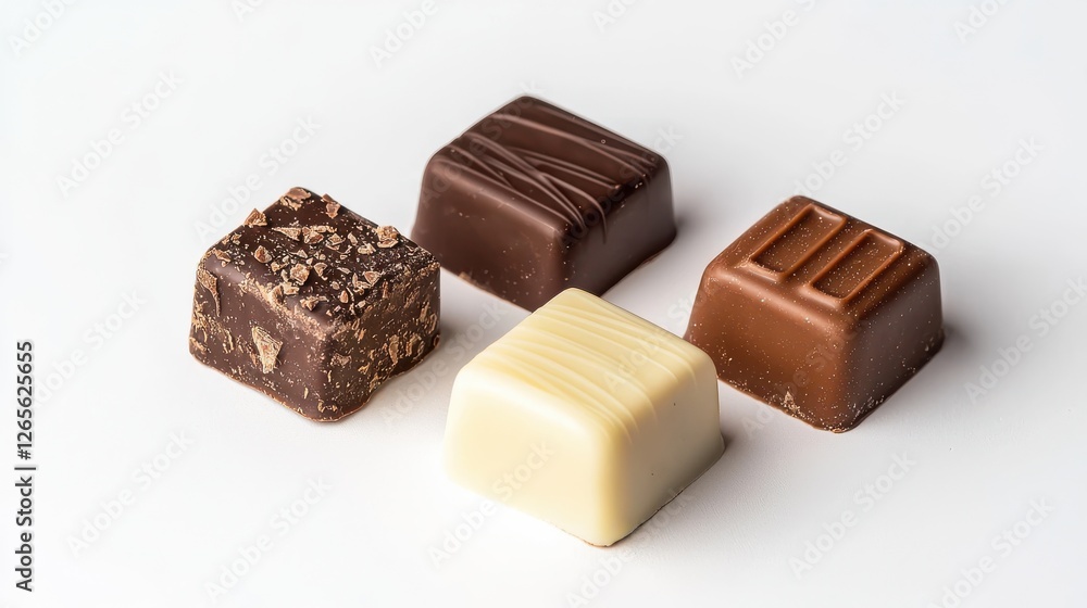 An assortment of four assorted chocolates on a white background, showcasing different shapes and colors, appealing to chocolate lovers. An assortment of four assorted chocolates on a white background, showcasing different shapes and colors, appealing to chocolate lovers.