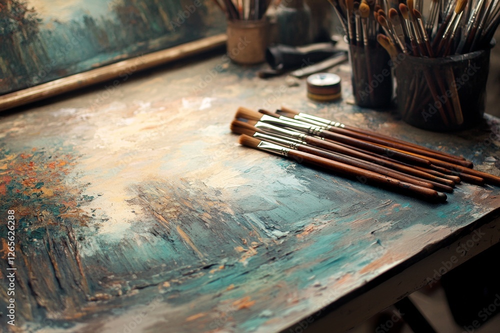 Artistic workspace with brushes and textured canvas in a creative studio Artistic workspace with brushes and textured canvas in a creative studio