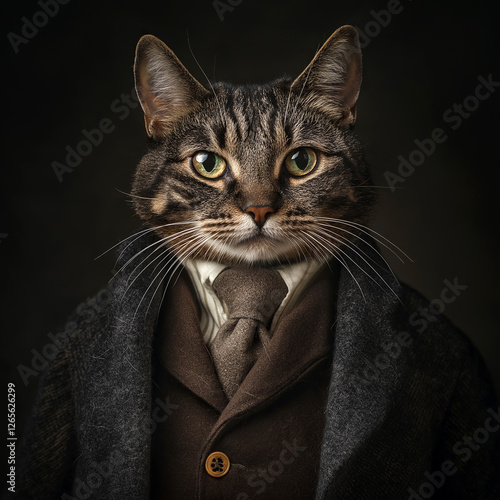 Portrait photograph of an old tabby cat dressed as a dapper gentleman.

