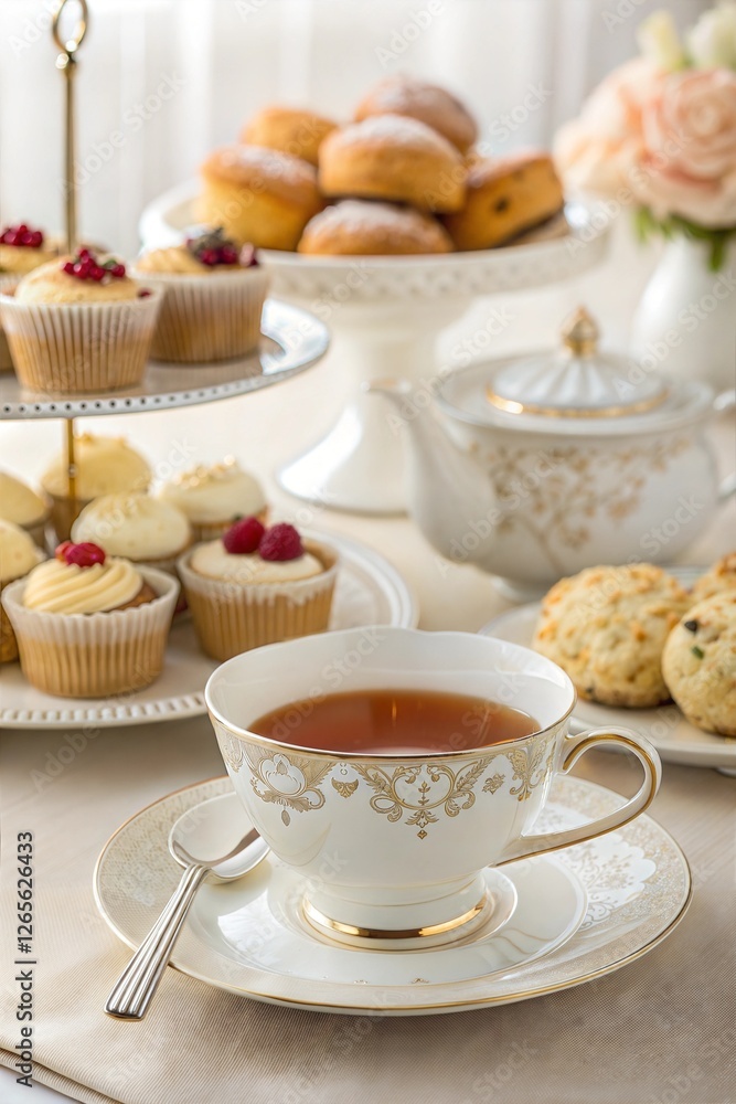 Charming afternoon tea display featuring a fine china cup, cakes, and pastries
Charming afternoon tea display featuring a fine china cup, cakes, and pastries