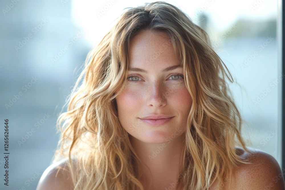 Young caucasian female with wavy blonde hair smiling at camera Young caucasian female with wavy blonde hair smiling at camera